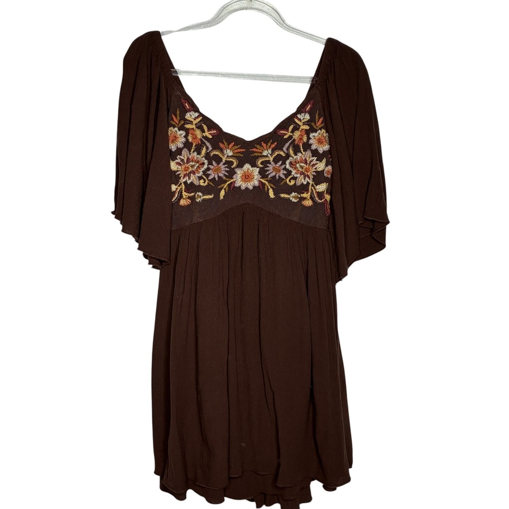 Shyanne Small Brown Embroidered Babydoll Dress Boho Western Cowgirl Peasant